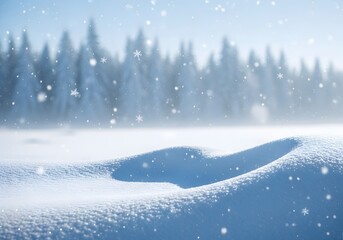 Serene Winter Wonderland Snow-covered Landscape with Falling Snowflakes and Distant Forest, a Peaceful and Cold Outdoor Scene