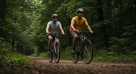 Two men riding mountain bikes through a lush green forest on a dirt trail wearing helmets and casual outdoor clothing during daytime.