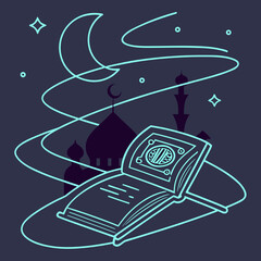 Quran illustration with mosque silhouette, crescent moon and glowing energy lines