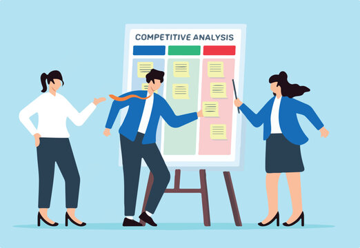 Vector illustration of business team collaborates competitive analysis with sticky notes on whiteboard market positioning