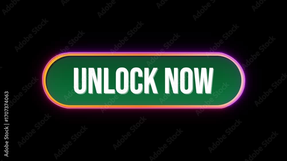 Poster Unlock Now, Button Click Animation with Computer Mouse Cursor and Luxury Neon Glow Colorful Border on Black Background