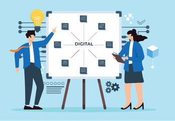 Vector illustration of business people planning digital transformation with sticky notes on whiteboard innovation strategy