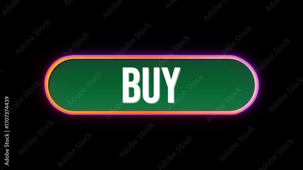Poster buy, button click animation with computer mouse cursor and luxury neon glow colorful border on black