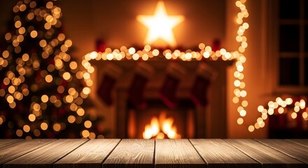 Cozy Christmas Fireplace Scene Glowing Tree, Star, Stockings, and Warm Wooden Table for Holiday Background