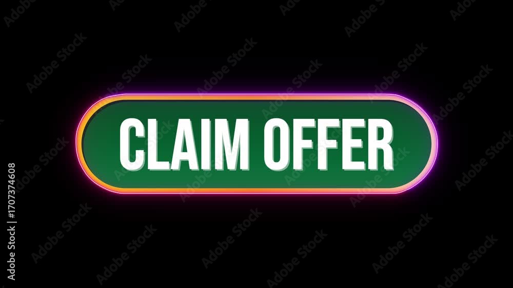 Poster claim offer, button click animation with computer mouse cursor and luxury neon glow colorful border 