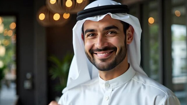 Confident Young Arab Businessman Smiling Gently in Traditional White Kandura, A Modern Portrait of Success and Cultural Pride in 4k Video