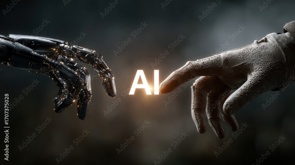 Poster conceptual image of human and artificial intelligence touching, depicting ai and creation