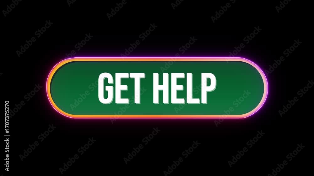 Poster get help, button click animation with computer mouse cursor and luxury neon glow colorful border on 