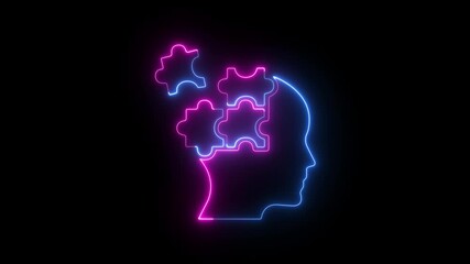 neon human head silhouette with puzzle pieces icon animation on black background. glowing neon Autism icon animation. Colorful Puzzle Pieces Head icon. head with many colorful puzzle pieces icon. - Powered by Adobe