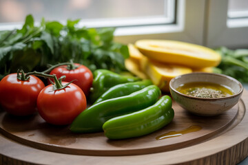 Photograph of a Rustic Wooden Cutting Board with Ingredients