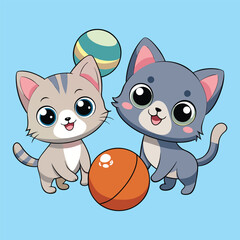 Cute vector cartoon illustration of two cat playing with a ball 