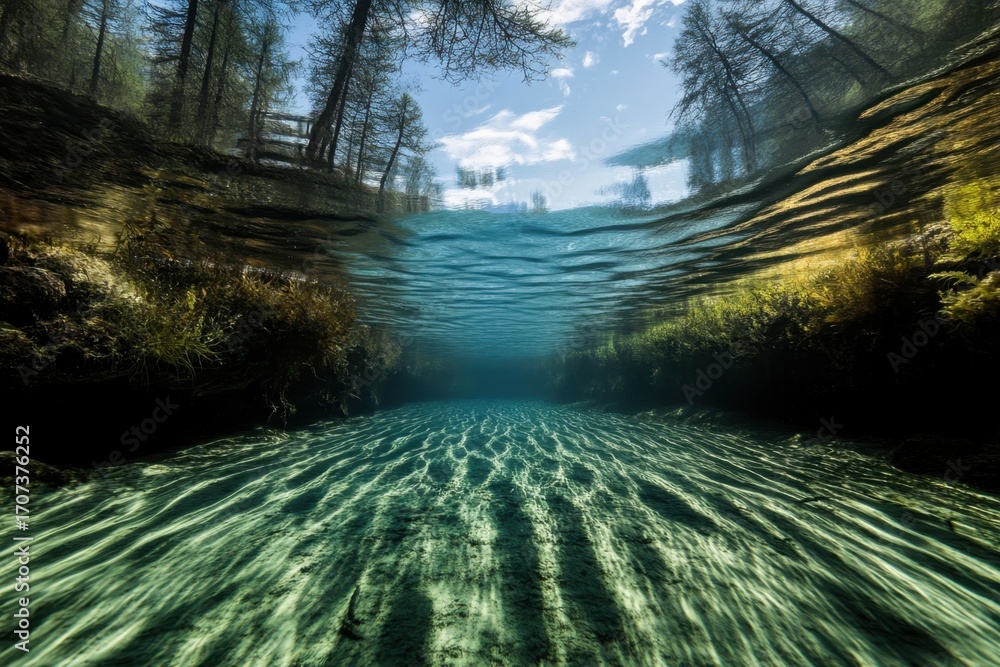 Poster tranquil underwater view of a clear river with sunlight filtering through trees