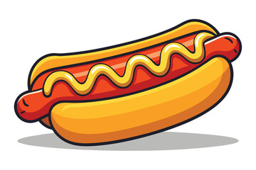 Hot dog with mustard drizzle on white background sausage