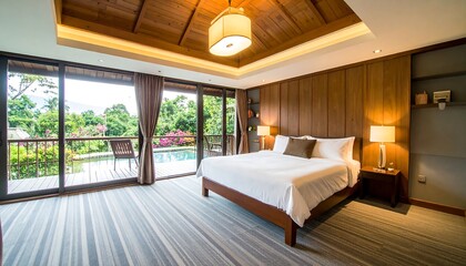Spacious bedroom with pool view