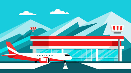 Modern airport terminal with airplane and mountain backdrop