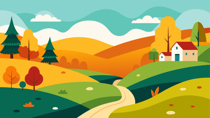 Obraz premium Stylized autumn landscape with rolling hills and houses