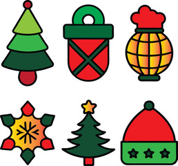 A colorful set of Christmas trees, icons, and holiday decorations, including presents, snowmen, and candy, for a winter celebration