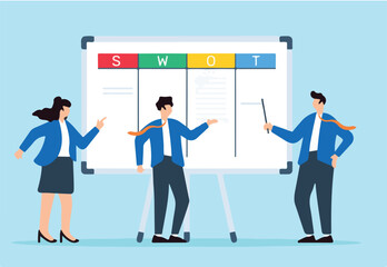 Vector illustration of business people mapping out SWOT analysis on whiteboard strategic planning