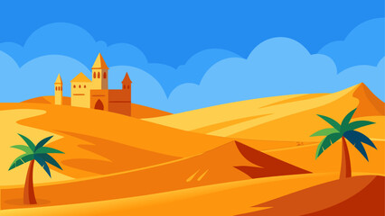 Obraz premium Desert oasis with castle and palm trees under blue sky