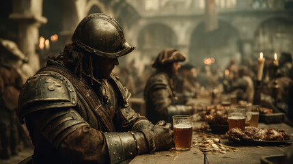 Naklejka premium Hyper-realistic animation bustling pirate tavern scene with armored patrons drinking ale