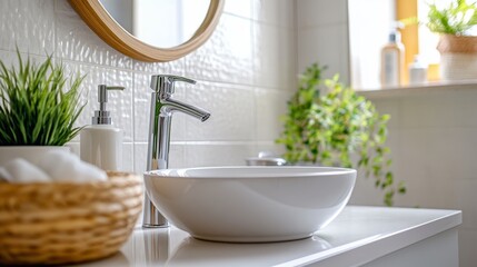A sunny bathroom scene:  A white vanity with a ceramic sink and modern faucet.  There's empty space for products, and the background shows wall tiles.
