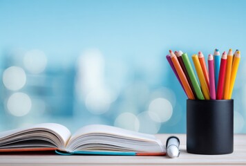 Open notebook, colorful pencils in a black container, and a pen on a desk against a blurred blue background. Study, draw, and write