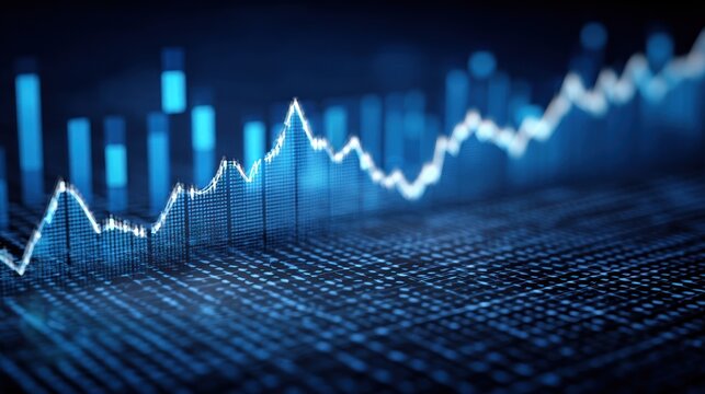 Abstract visual of a rising white line graph over a digital blue background, representing trends and data in a stylized way