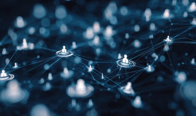 Abstract network stylized human figures interconnected with lines on a dark blue background, creating a sense of global connection