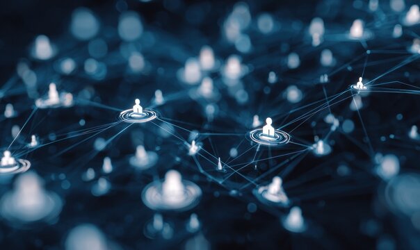 Abstract network stylized human figures interconnected with lines on a dark blue background, creating a sense of global connection