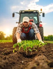 Farmer plants tomato seedlings in field, focused on task