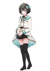 アイドル衣装を着た臆病そうな黒髪の女の子
