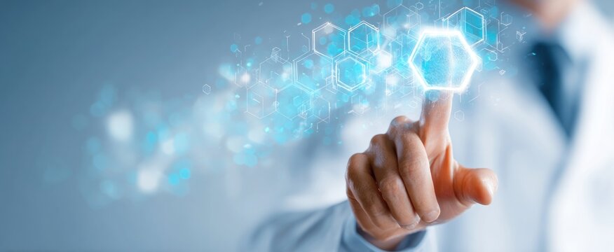 A person in a lab coat interacts with glowing, abstract hexagons with light blue bokeh, suggesting modern science or technology
