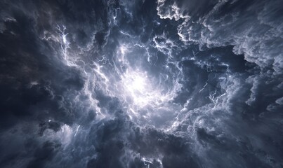 Fototapeta premium A dramatic swirling storm cloud formation. Center radiates with bright light, contrasted by dark, textured, ominous grey clouds