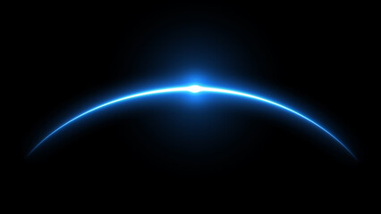 Glowing blue planet sunrise on horizon in deep space, vector illustration with radiant light beams, futuristic cosmic background for astronomy, science, technology, and space design