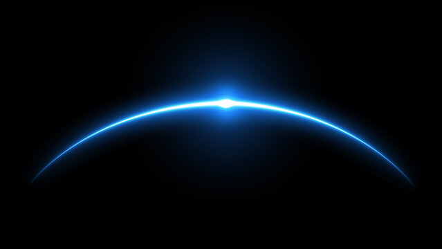 Glowing blue planet sunrise on horizon in deep space, vector illustration with radiant light beams, futuristic cosmic background for astronomy, science, technology, and space design