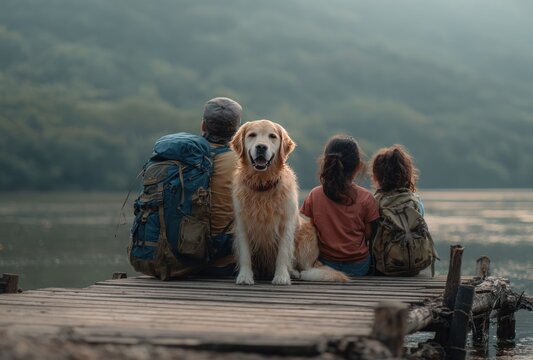 A serene scene with a man, two kids, and a golden retriever sitting on a wooden dock, overlooking a peaceful lake surrounded by trees