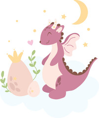 Cute dragon clipart in cartoon flat style. Dragon girl clipart. Fantasy clipart. Vector illustration