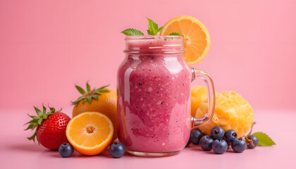 Refreshing fruit smoothie in mason jar with orange and berries, a vibrant and healthy lifestyle choice for wellness.
