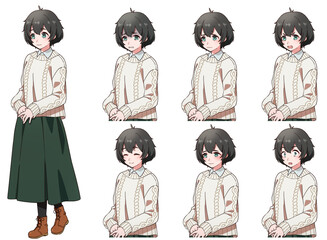 冬服を着た臆病そうな黒髪の女の子の表情セット
