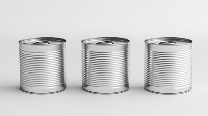 Empty silver cans, shown individually on a white background.  A digital design.
