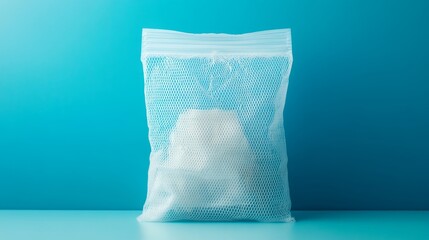 Food packaging: A white net bag against a blue wall.  This plastic snack bag sample is perfect for your design.
