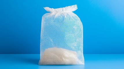 Food packaging: A white net bag against a blue wall.  This plastic snack bag sample is perfect for your design.
