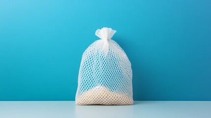 Food packaging: A white net bag against a blue wall.  This plastic snack bag sample is perfect for your design.
