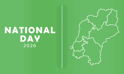 A graphic illustration featuring the text 'National Day 2026' and the outline map of a country on a green background.