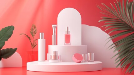 A simple, white, geometric platform for displaying cosmetics or products.  It's a 3D design, perfect as a background.
