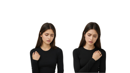 Woman holding shoulder pain on transparent background png