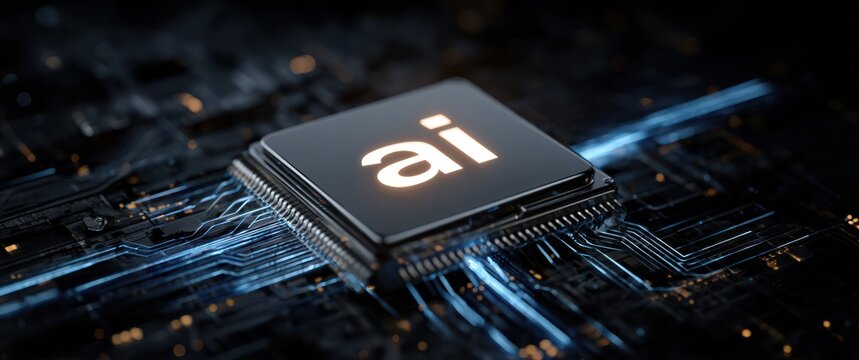Glowing "ai" text on a central computer chip, surrounded by intricate blue circuitry and small golden elements on a black background