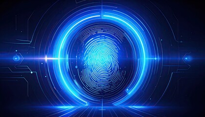 Glowing Blue Digital Fingerprint Scan with Concentric Circles Technology Abstract Background