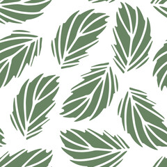 Seamless pattern of stylized sage green leaves on a white background. This modern botanical illustration has a clean, minimalist, and abstract linocut style. An organic and fresh vector design.