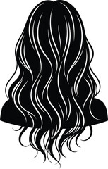 Black silhouette vector of long wavy hairstyle from back view with layered strands, beauty salon fashion hair design illustration for styling